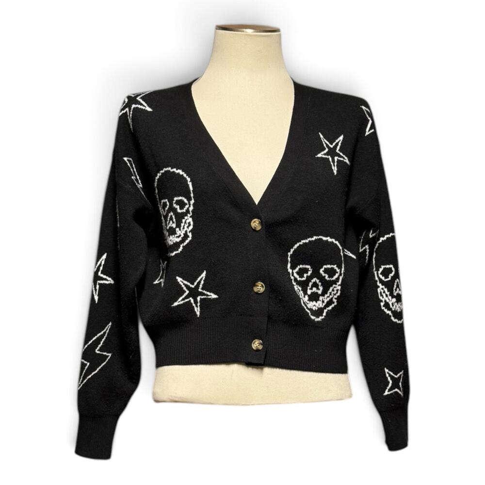 No Boundaries Star Skull Cropped Cardigan Sweater Black White Medium